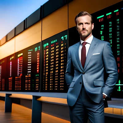 Ein Sportwetten-Broker blickt zu uns, hinter ihm sind Bildschirme voller Sportquoten
